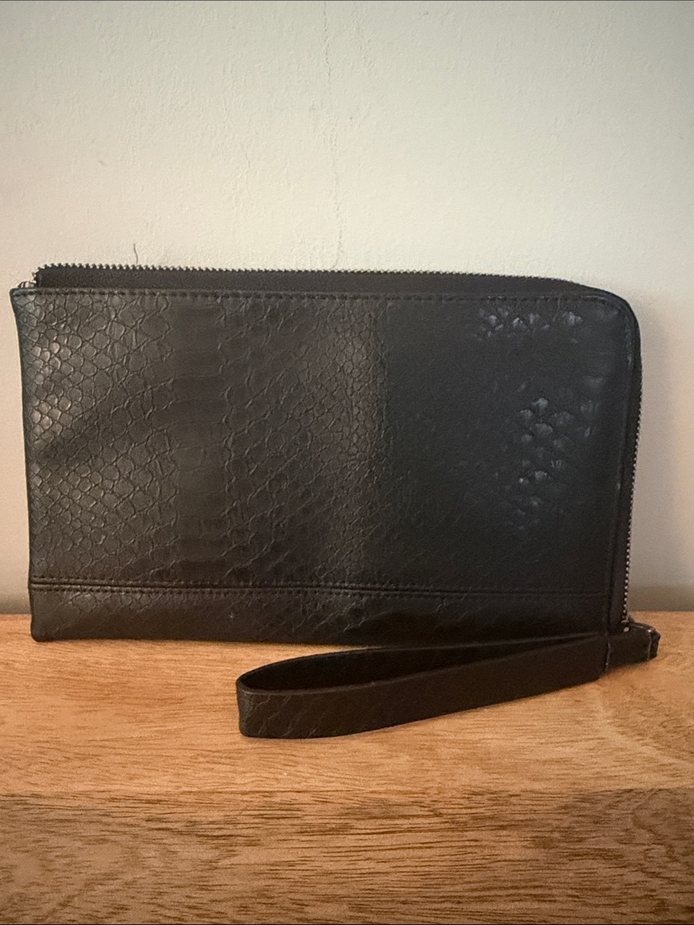 Joy Susan Black Textured Leather Wristlet Clutch
